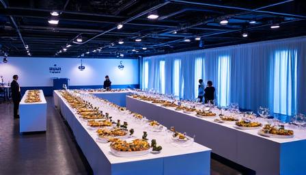 Catering setup for a large business event with branded elements