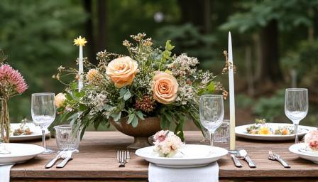 Rustic outdoor table setting with floral arrangements